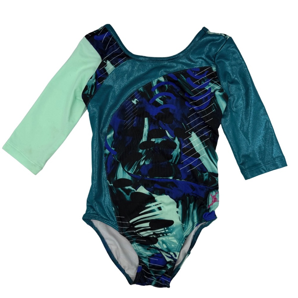 Capezio Gymnastics Leotard | Girls’ Size XXS | Teal & Blue Metallic Long Sleeve